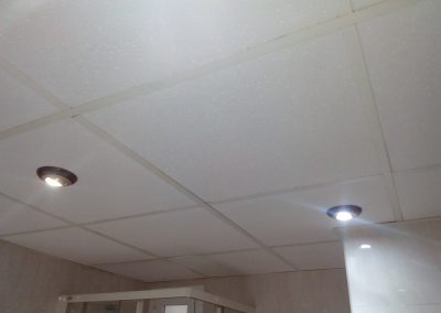 reforma de baño, falso techo con placas y halógenos